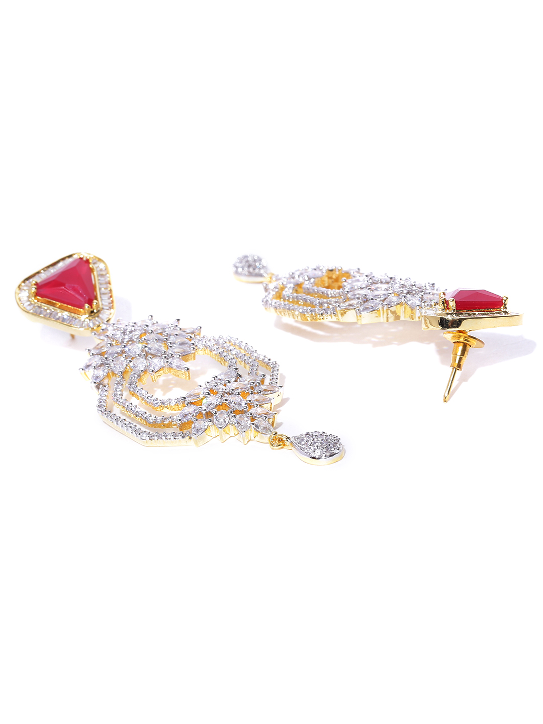 YouBella Red Gold-Plated Stone-Studded Cut-Out Drop Earrings